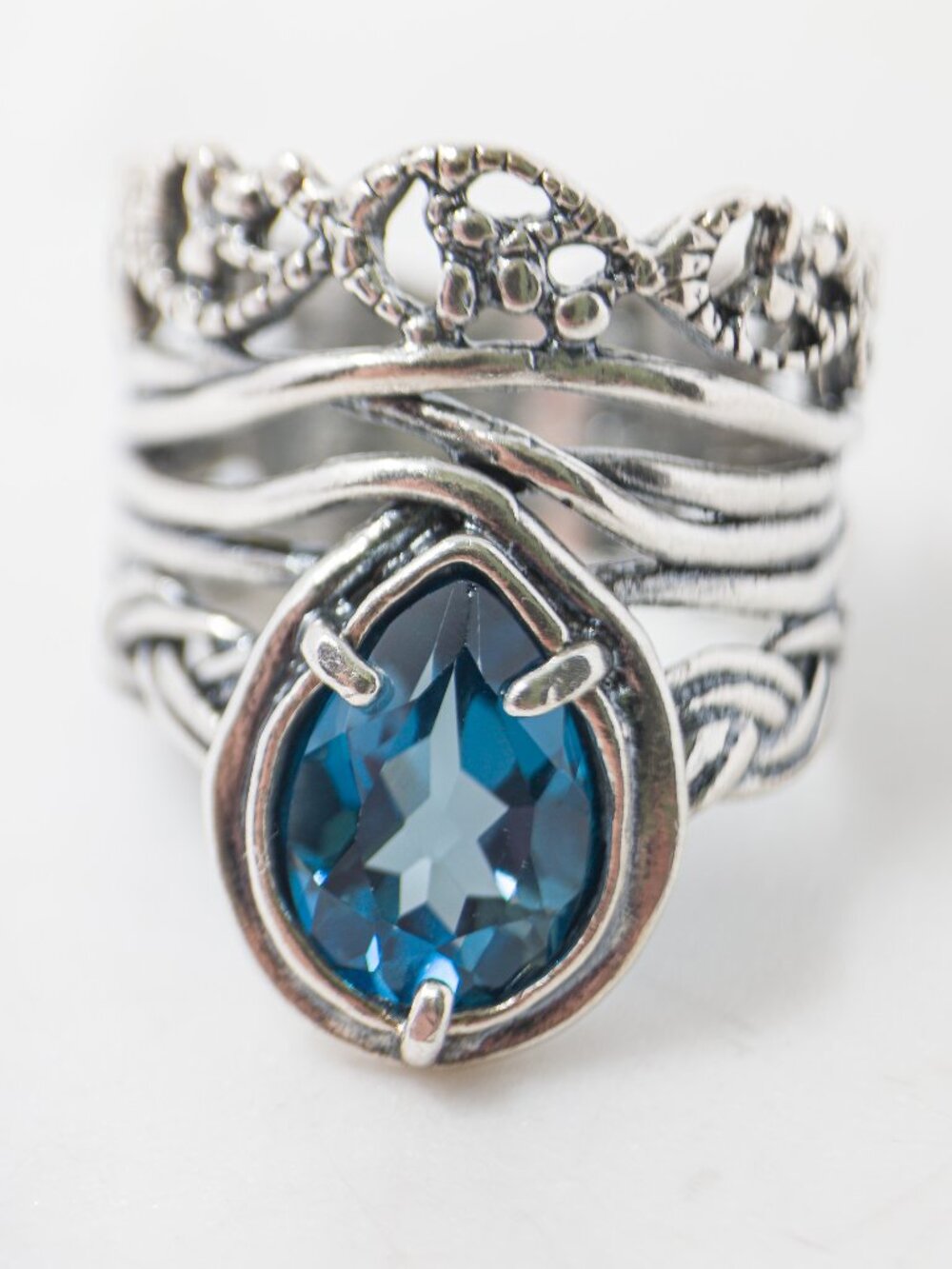 Or Paz Israel 925 Silver Blue Topaz Pear Crown Ring, size 6
